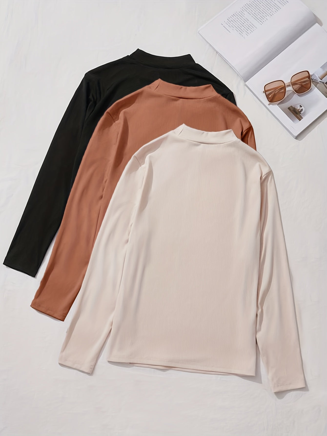 Antmvs 3 Pack Plus Size Basic Loungewear Top Set, Women's Plus Solid Ribbed Knit Long Sleeve Mock Neck Slim Fit Home Wear Top 3pcs Set