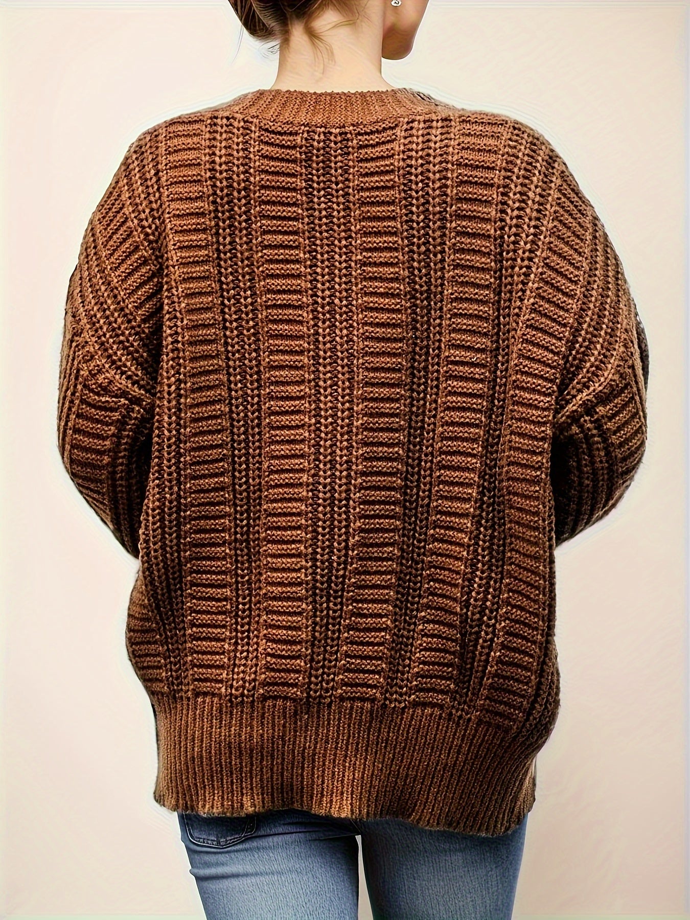 Antmvs Button Front Cable Knit Cardigan, Casual V Neck Long Sleeve Sweater, Women's Clothing