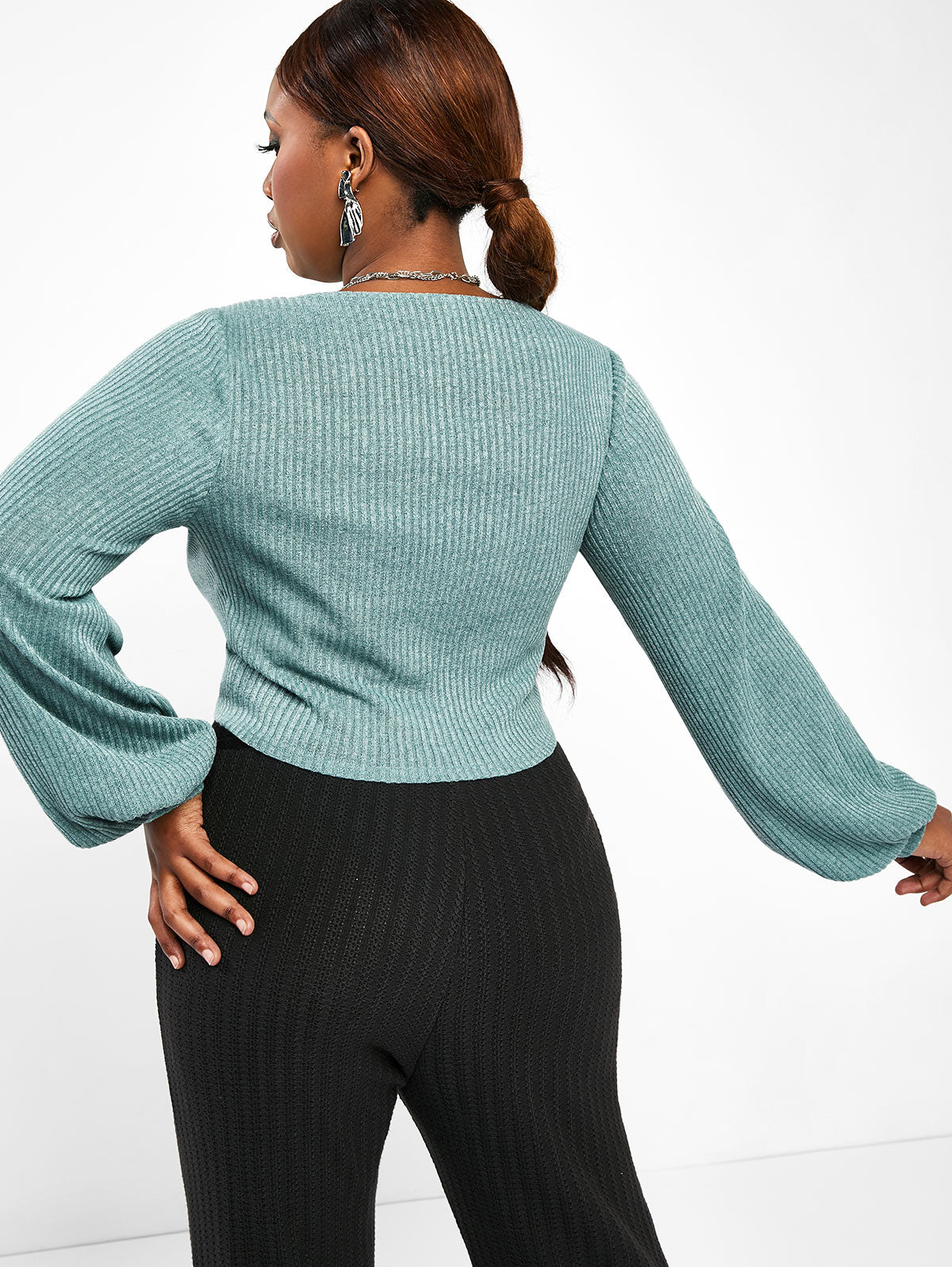 Antmvs Plus Size Y2K Solid Rib Knit Drawstring Front Ruched Crop Top, Women's Plus Sexy Slight Stretch Knit Top
