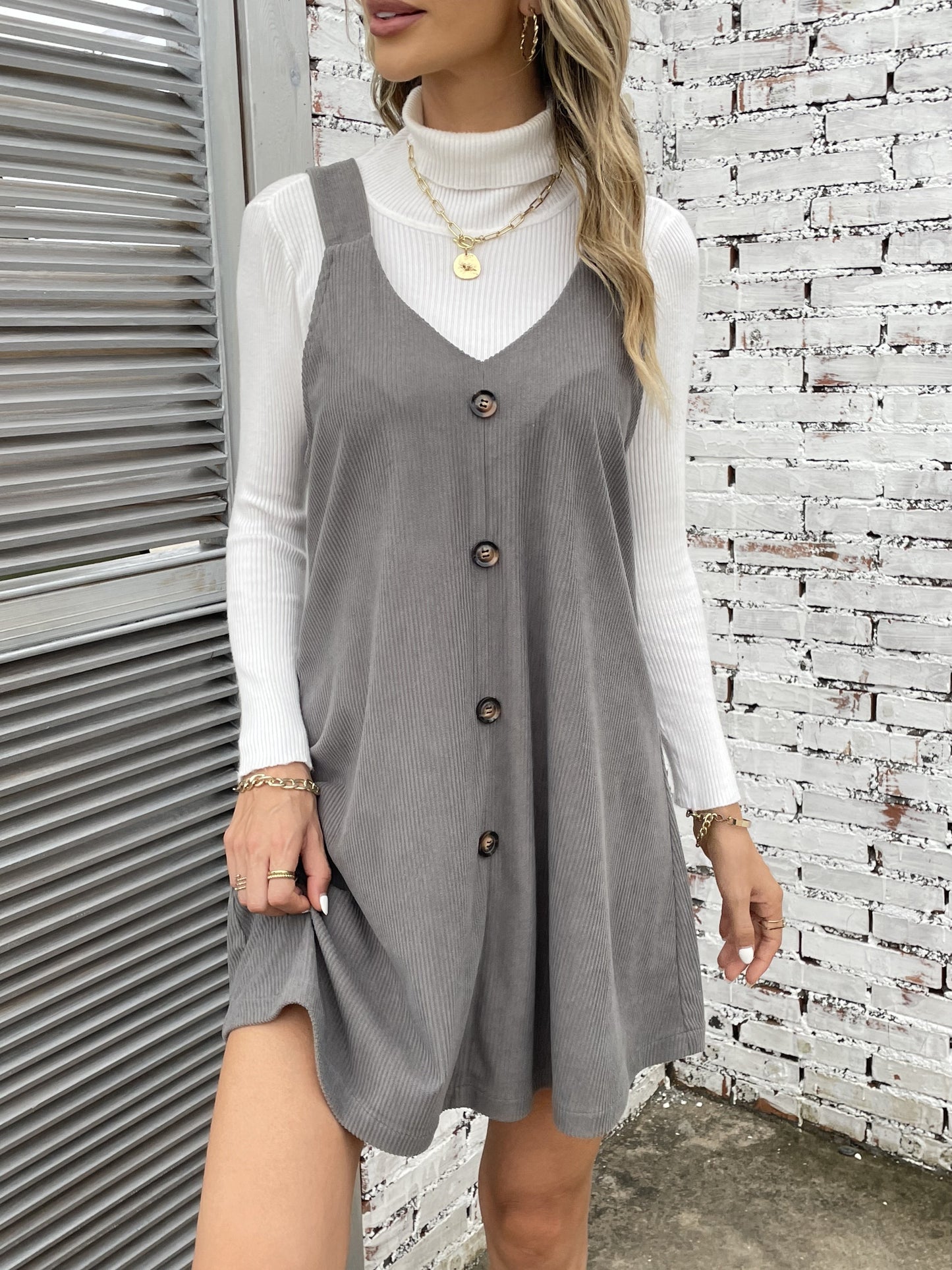 Antmvs Button Front Solid Overall Dress, Casual Sleeveless V Neck Dress, Women's Clothing