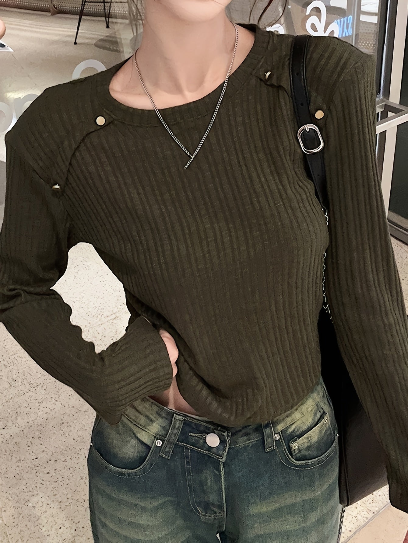 Antmvs Solid Crew Neck Rib Knit Top, Casual Long Sleeve Slim Crop Sweater For Spring & Fall, Women's Clothing