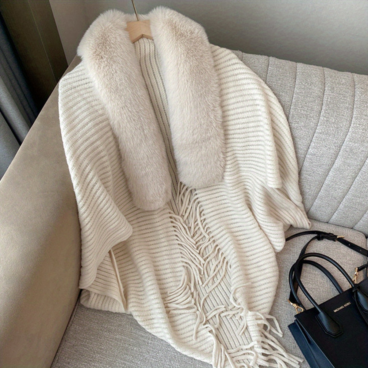 Antmvs Winter Faux Fur Collar Shawl Cape Solid Color Warm Shawl Coat Casual Loose Outer Wear Knit Shawl Wrap