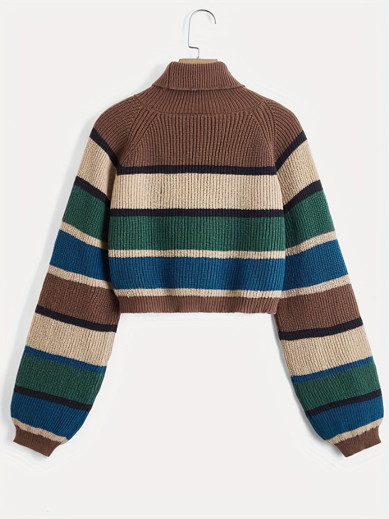 Antmvs Bear Pattern Striped Pullover Sweater, Cute Turtle Neck Long Sleeve Crop Sweater, Women's Clothing