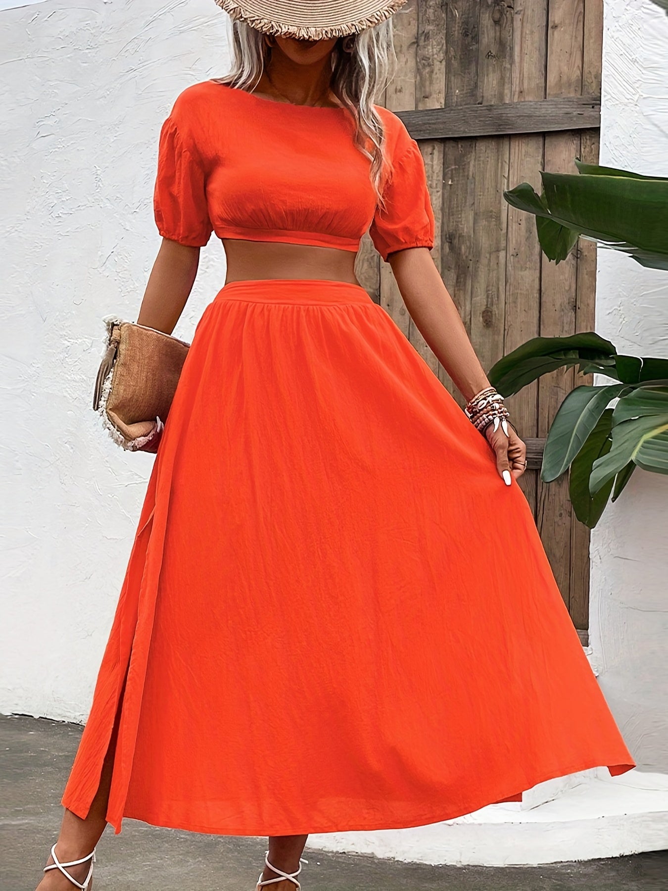 Antmvs Solid Casual Two-piece Set, Cropped Puff Sleeve Tops & Split High Waist Skirts Outfits, Women's Clothing