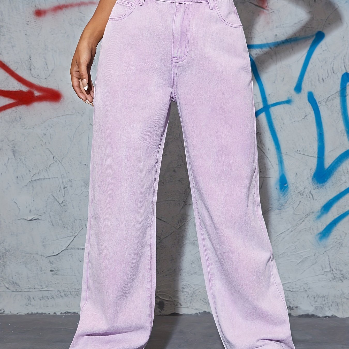 Antmvs Purple Loose Fit Straight Jeans, Slash Pockets Non-Stretch Mid Waist Baggy Denim Pants, Women's Denim Jeans & Clothing