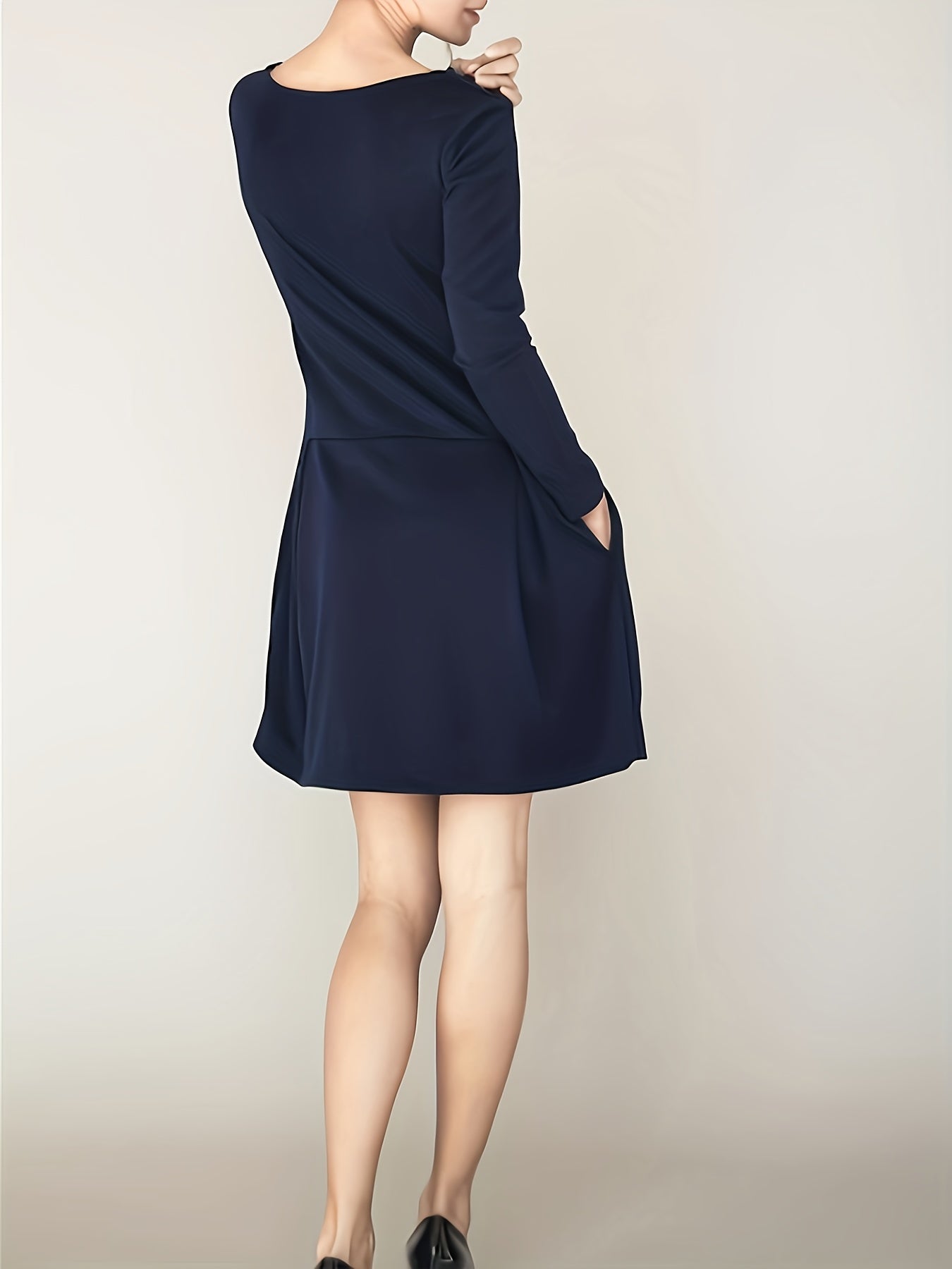 Antmvs Solid Boat Neck Mini Dress, Casual Long Sleeve A Line Dress, Women's Clothing