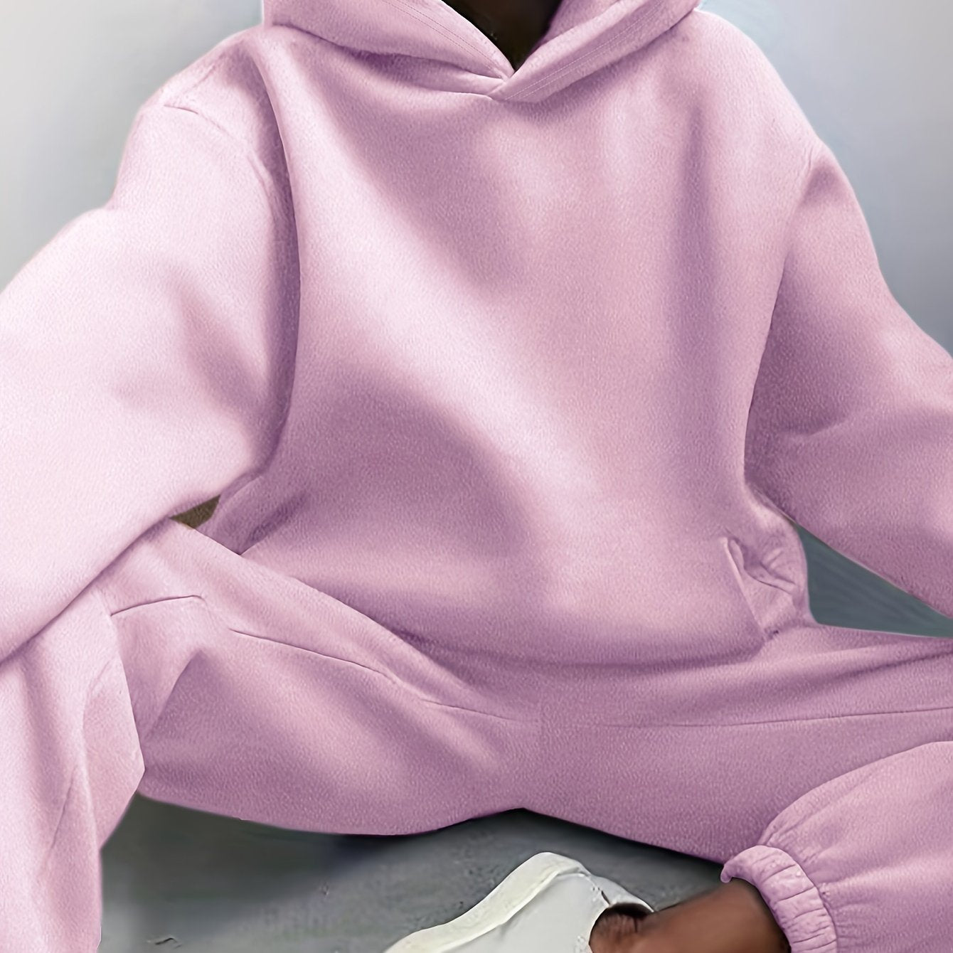 Antmvs Casual Solid Two-piece Set, Drop Shoulder Long Sleeve Hoodies & Elastic Waist Jogger Pants Outfits, Women's Clothing