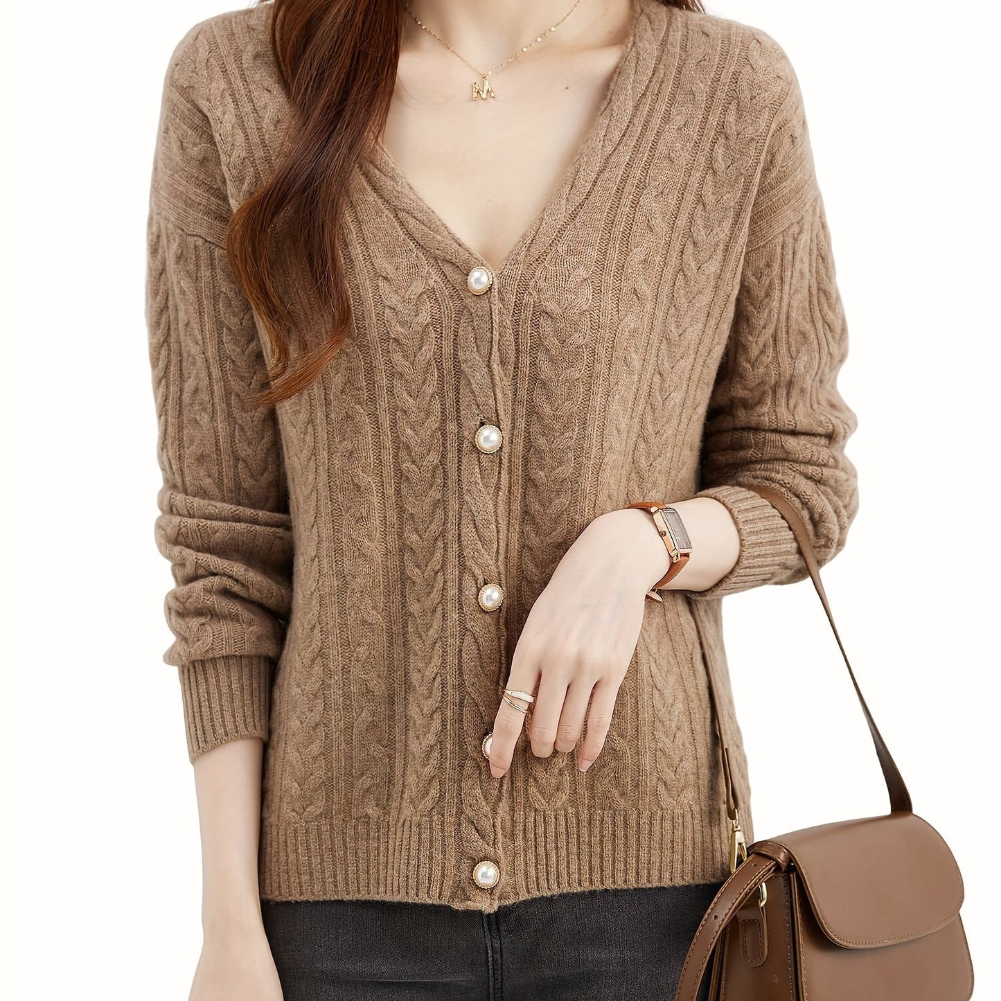 Antmvs Solid Button Down Wool Cable Knit Cardigan, Elegant V Neck Long Sleeve Cozy Sweater, Women's Clothing