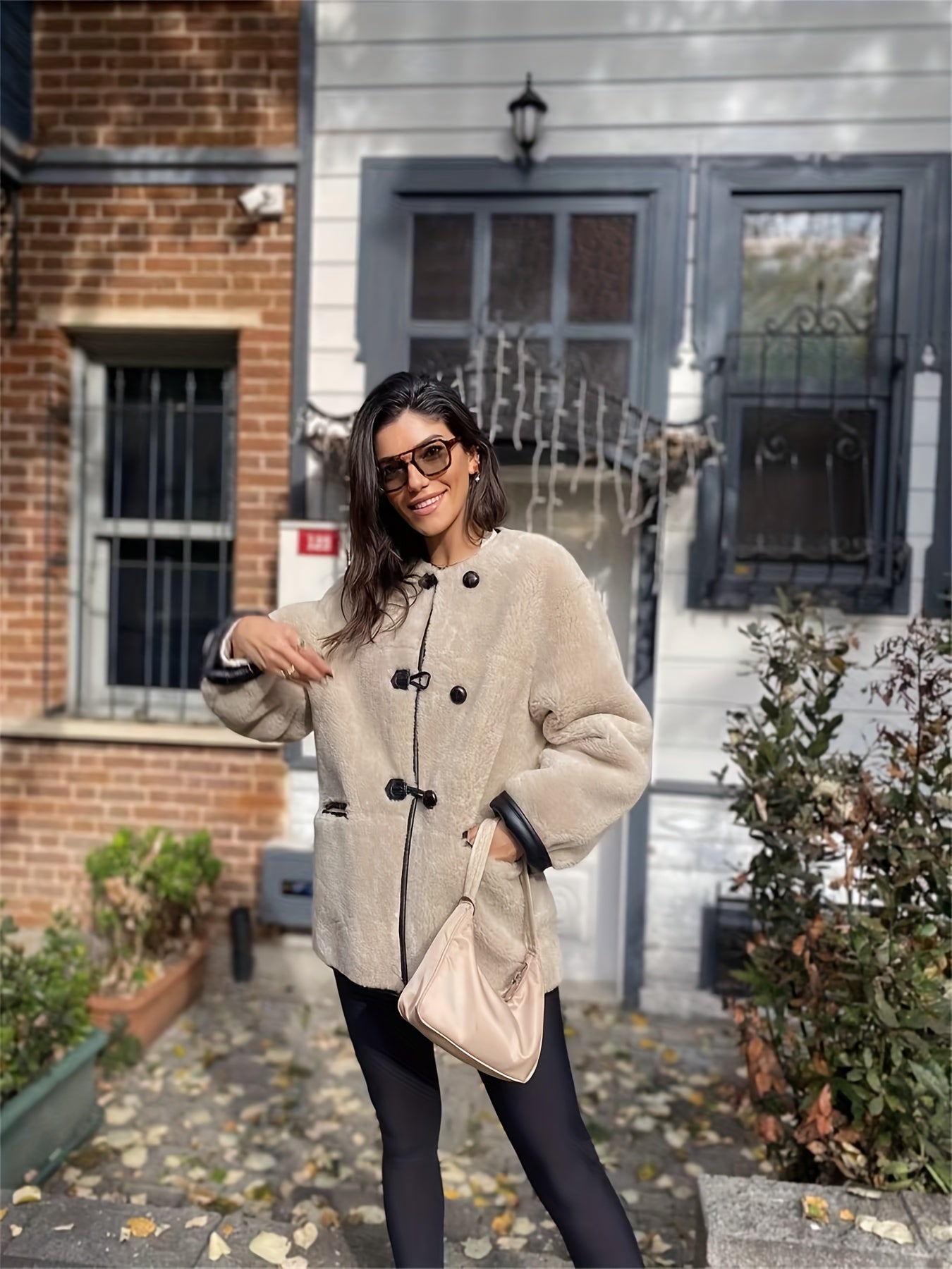 Antmvs Faux Fur Button Front Coat, Casual Long Sleeve Coat For Fall & Winter, Women's Clothing