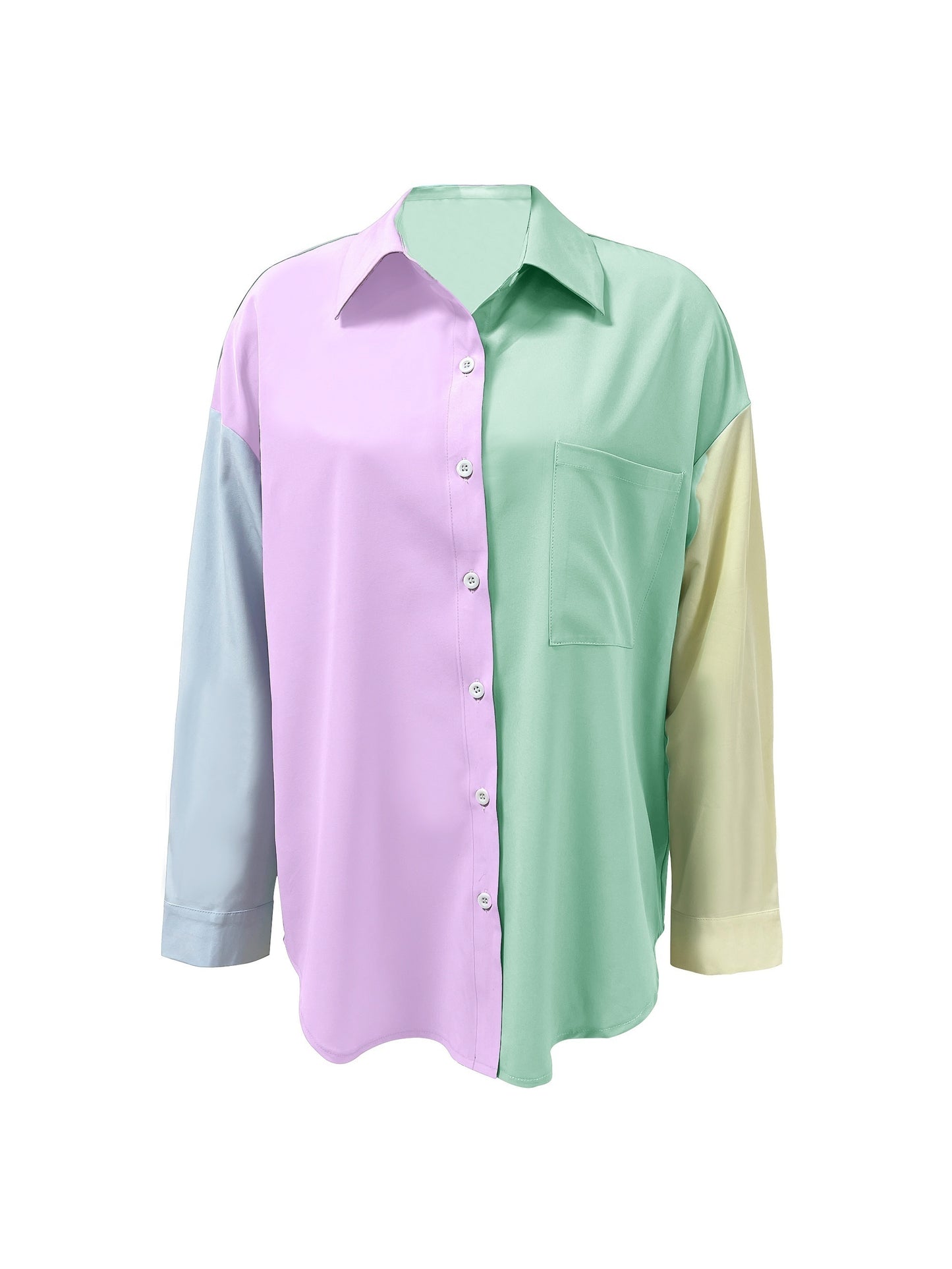 Antmvs Colorblock Polo Collar Button Shirt, Casual Pocket Long Sleeve Shirt For Spring & Fall, Women's Clothing