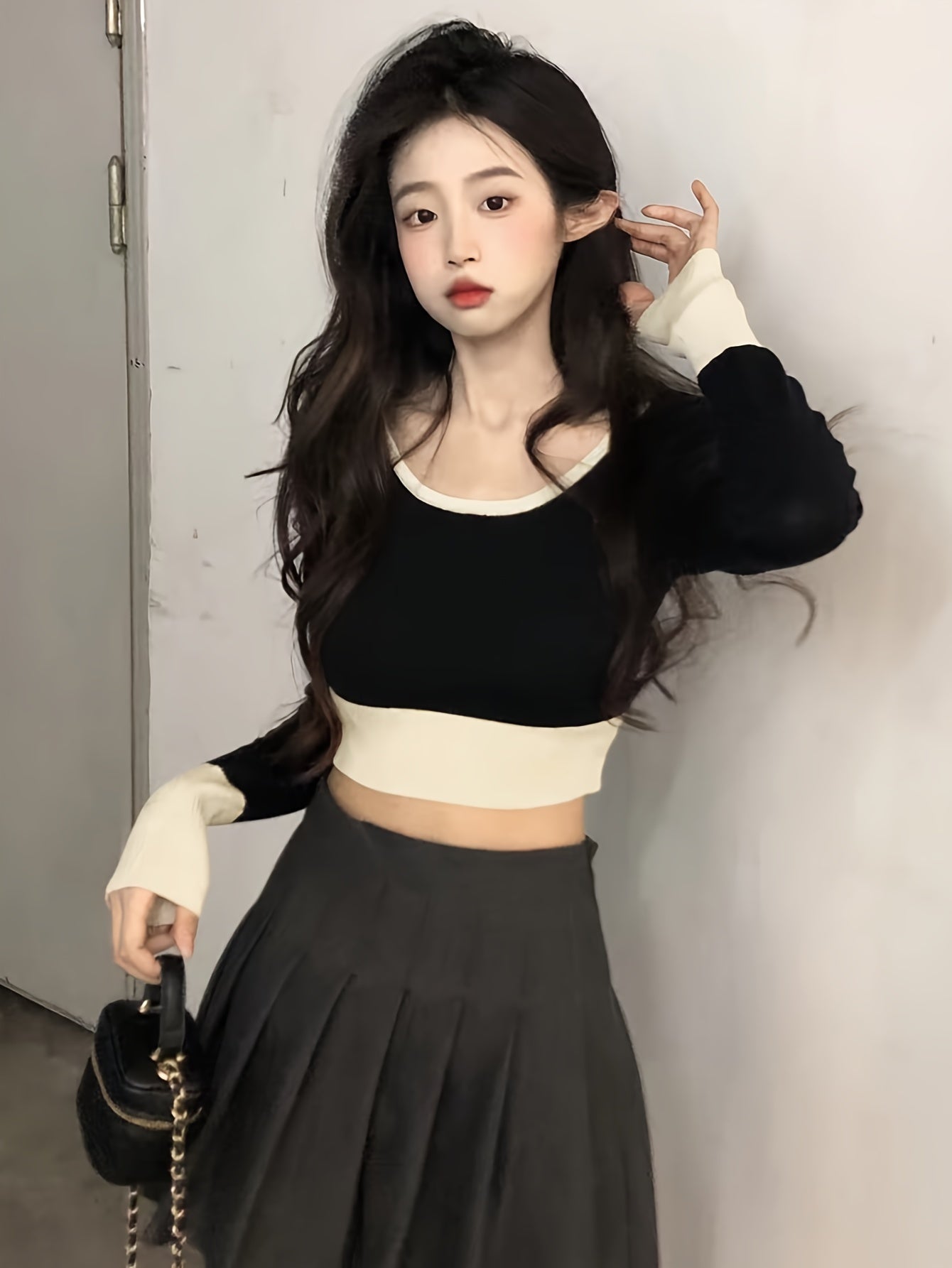Antmvs Color Block Scoop Neck Knitted Top, Vintage Long Sleeve Crop Fashion Sweater, Women's Clothing