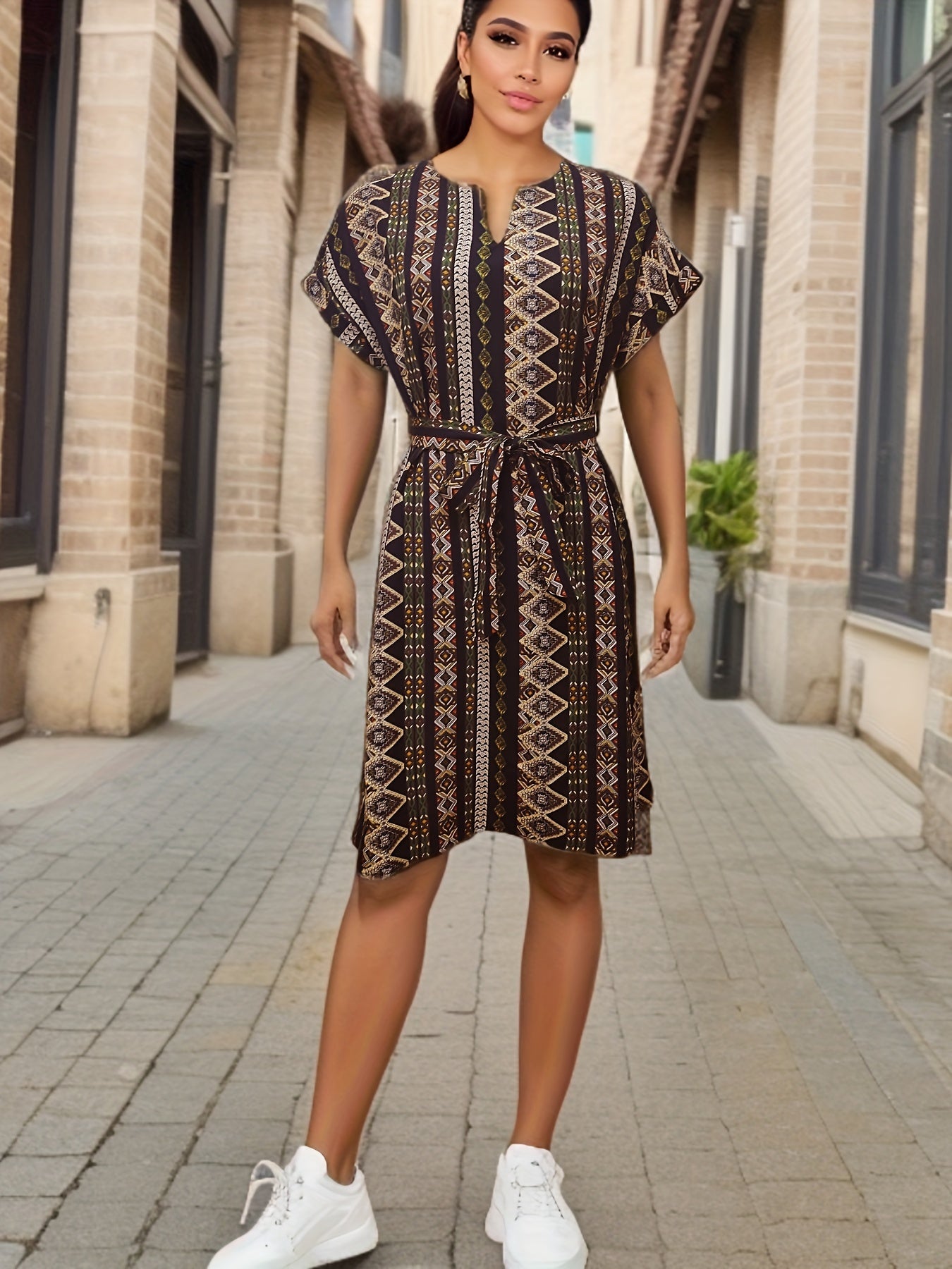 Antmvs Color Block Tie Front Dress, Casual V Neck Short Sleeve Dress For Spring & Summer, Women's Clothing