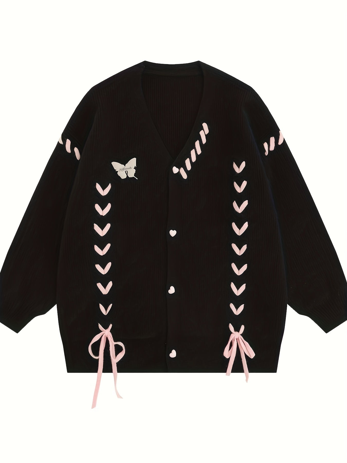 Antmvs Lace Up Button Down Knit Cardigan, Casual Long Sleeve Loose Sweater, Women's Clothing