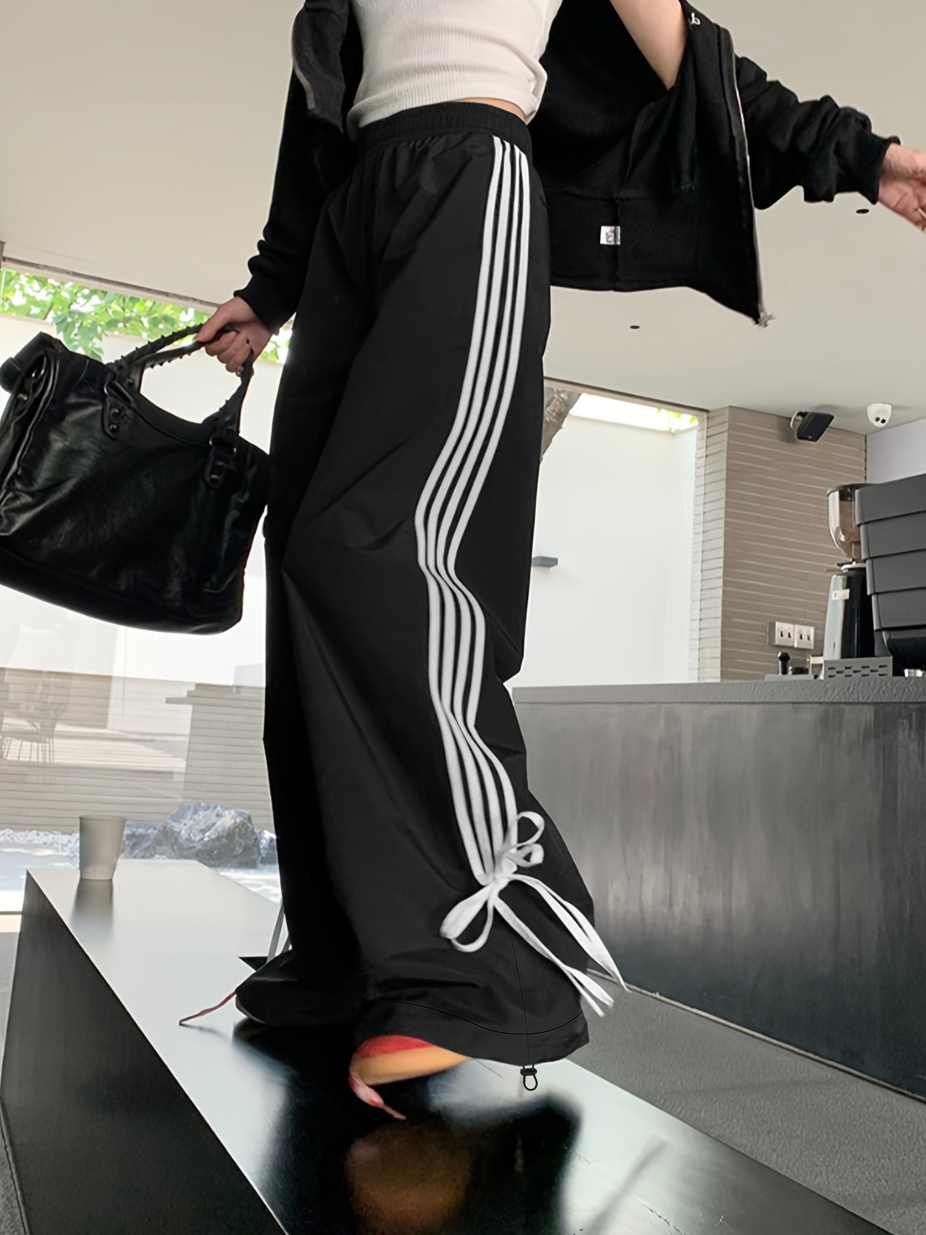 Antmvs Striped Print Loose Pants, Casual Bow Decor Pants For Spring & Fall, Women's Clothing
