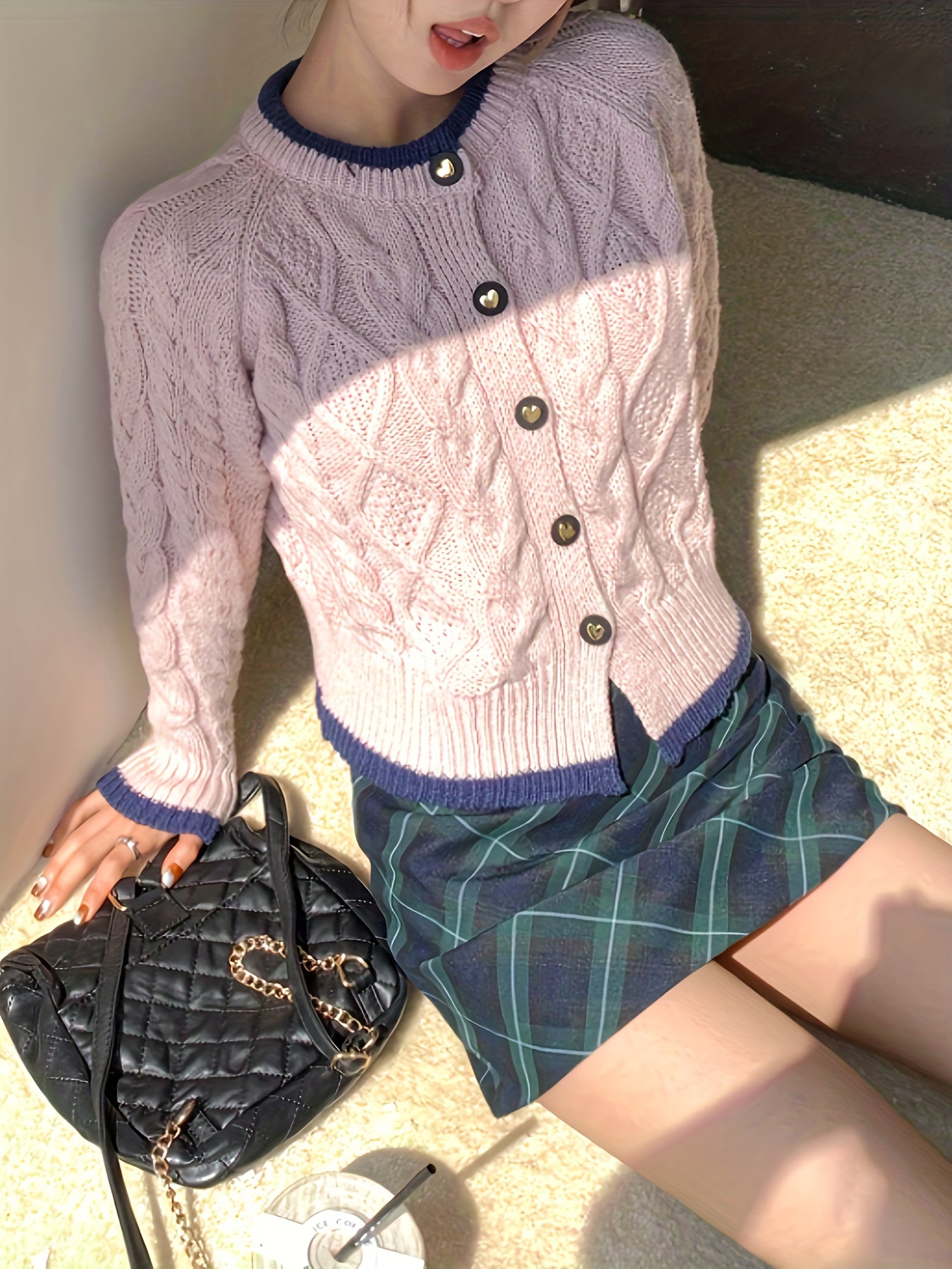 Antmvs Contrast Trim Button Up Cable Knit Cardigan, Casual Long Sleeve Sweater Outwear, Women's Clothing
