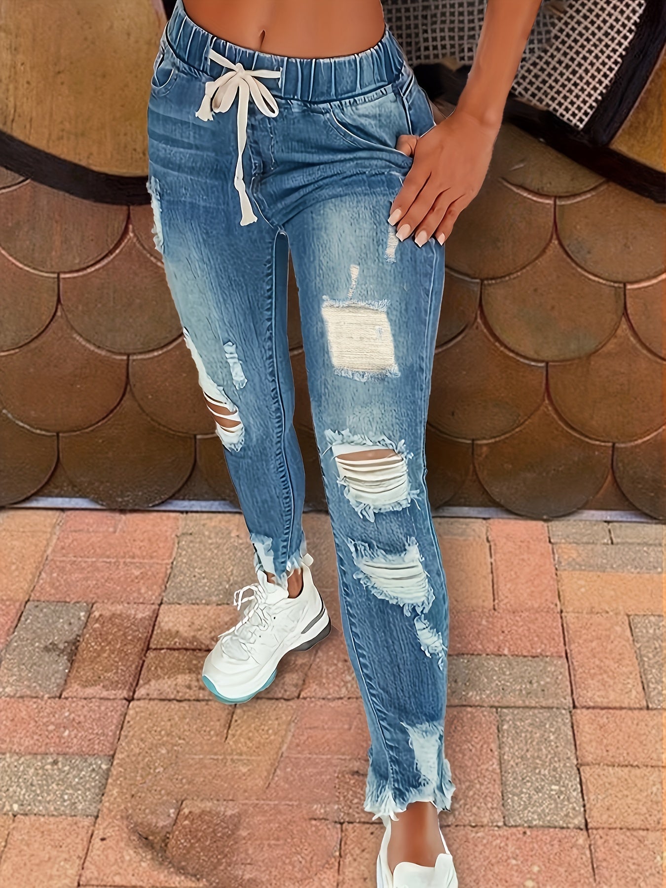 Antmvs Raw Hem Ripped Mom Jeans, Elastic Waistband Distressed Slash Pockets Denim Pants, Women's Denim Jeans & Clothing