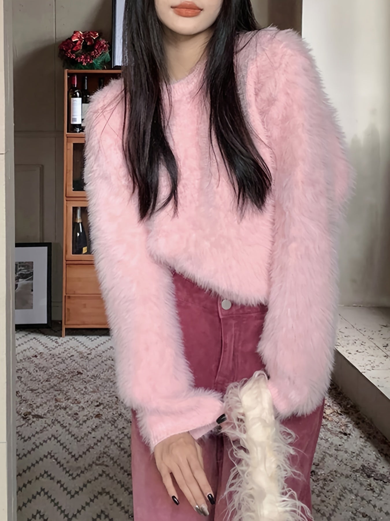 Antmvs Solid Color Faux Fur Crew Neck Sweater, Chic Long Sleeve Sweater For Fall & Winter, Women's Clothing