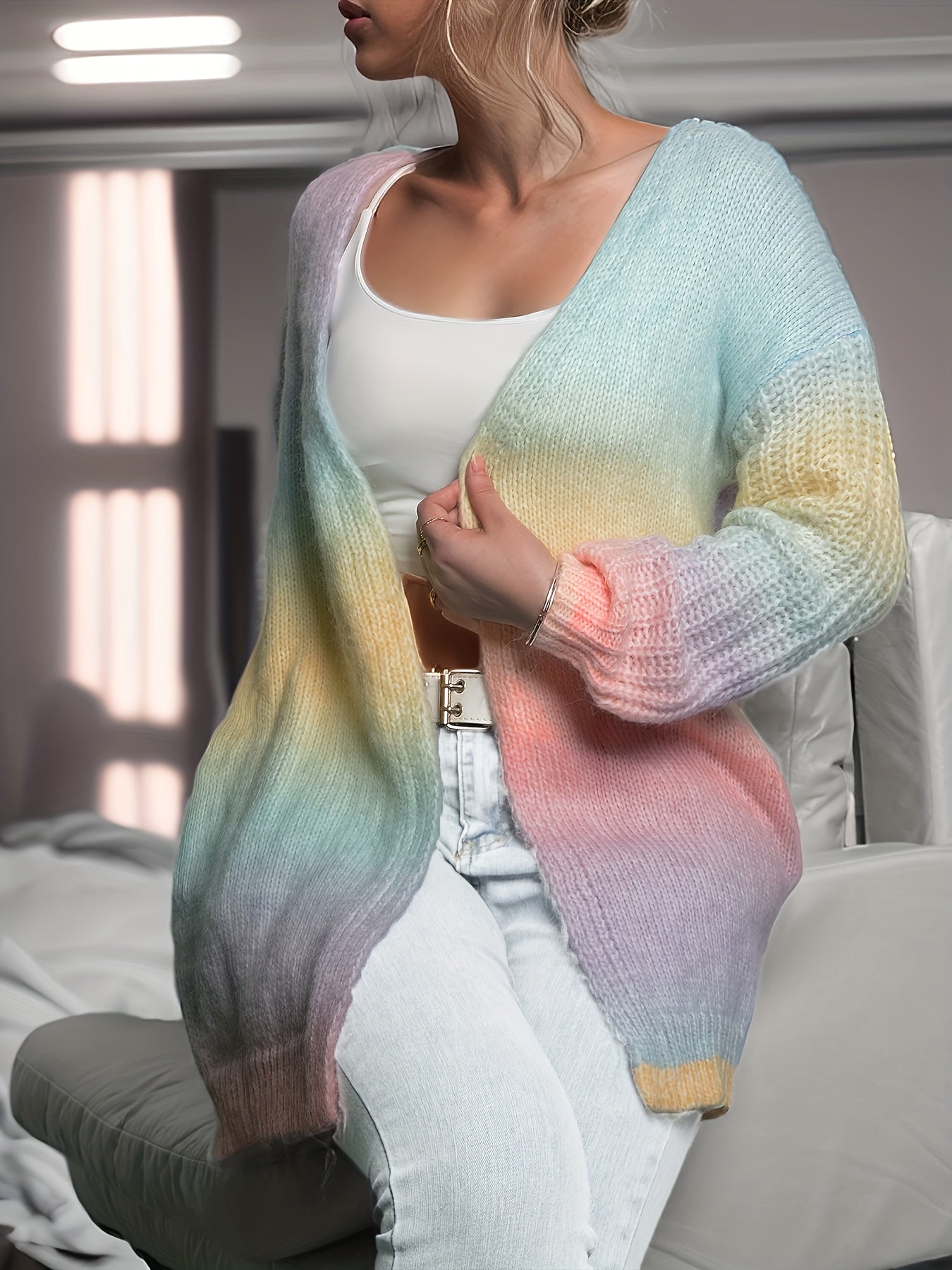 Antmvs Colorful Gradient Knit Cardigan, Casual Open Front Long Sleeve Sweater, Women's Clothing