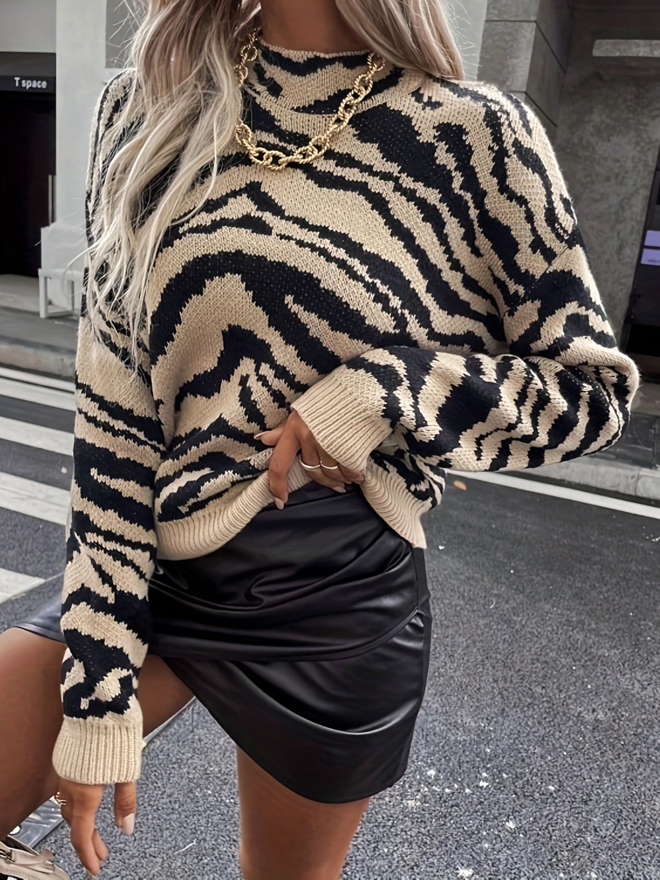 Antmvs Zebra Pattern Mock Neck Pullover Sweater, Casual Long Sleeve Sweater For Fall & Winter, Women's Clothing