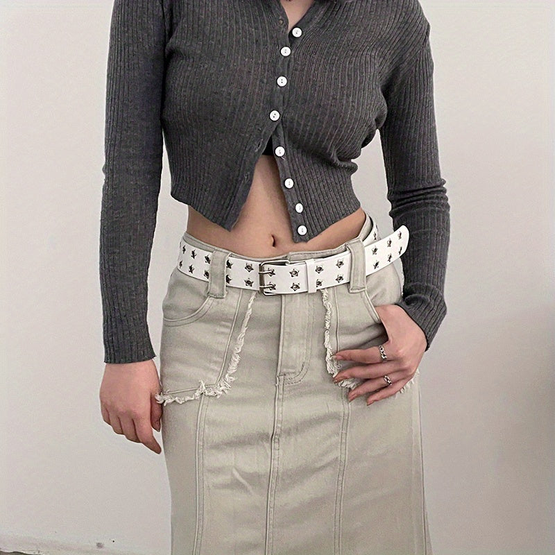 Antmvs Punk Pentagram Eyelet Belt Hip Hop Hollow Out Double Pin Buckle Rivet Belt Y2K Jeans Pants Belt For Women