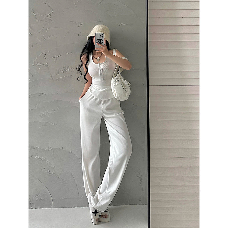 Antmvs Lia Solid Color Square Neck Wide Strap Ribbed Top + High Waist Straight Leg Pants Matching Set