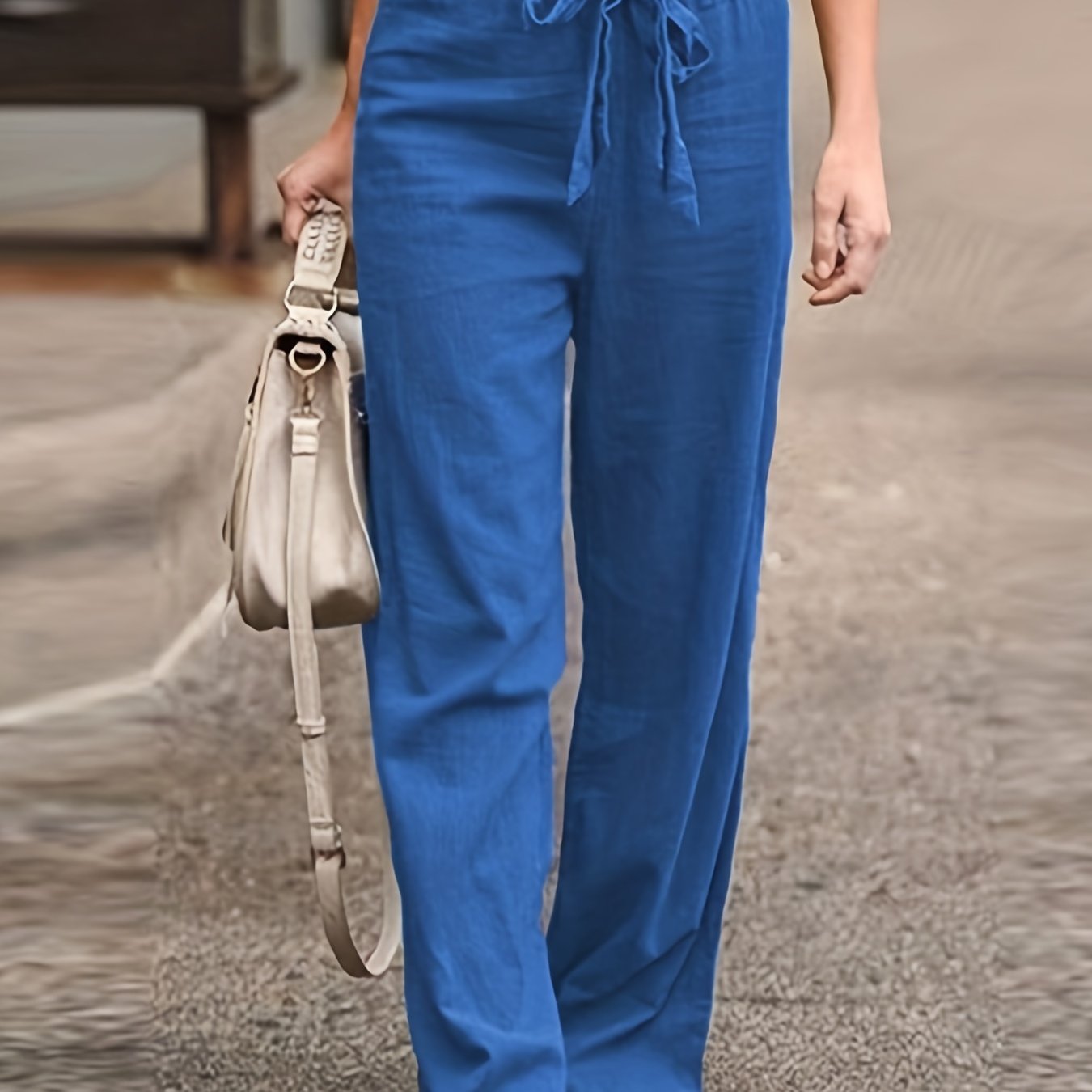Antmvs Solid Tie Waist Pants, Casual High Waist Wide Leg Long Length Pants, Women's Clothing