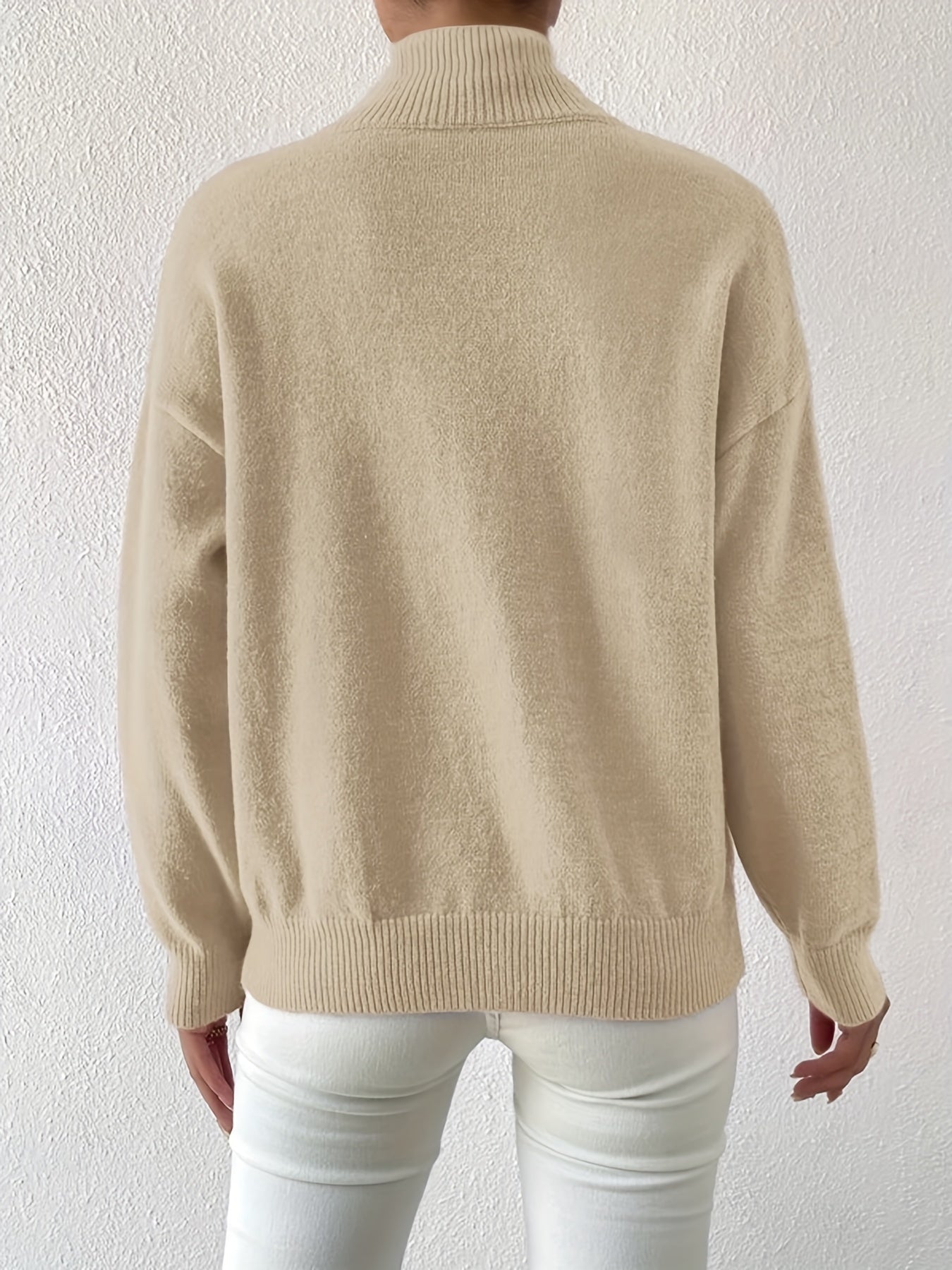 Antmvs Solid Mock Neck Knit Sweater, Casual Drop Shoulder Long Sleeve Sweater, Women's Clothing