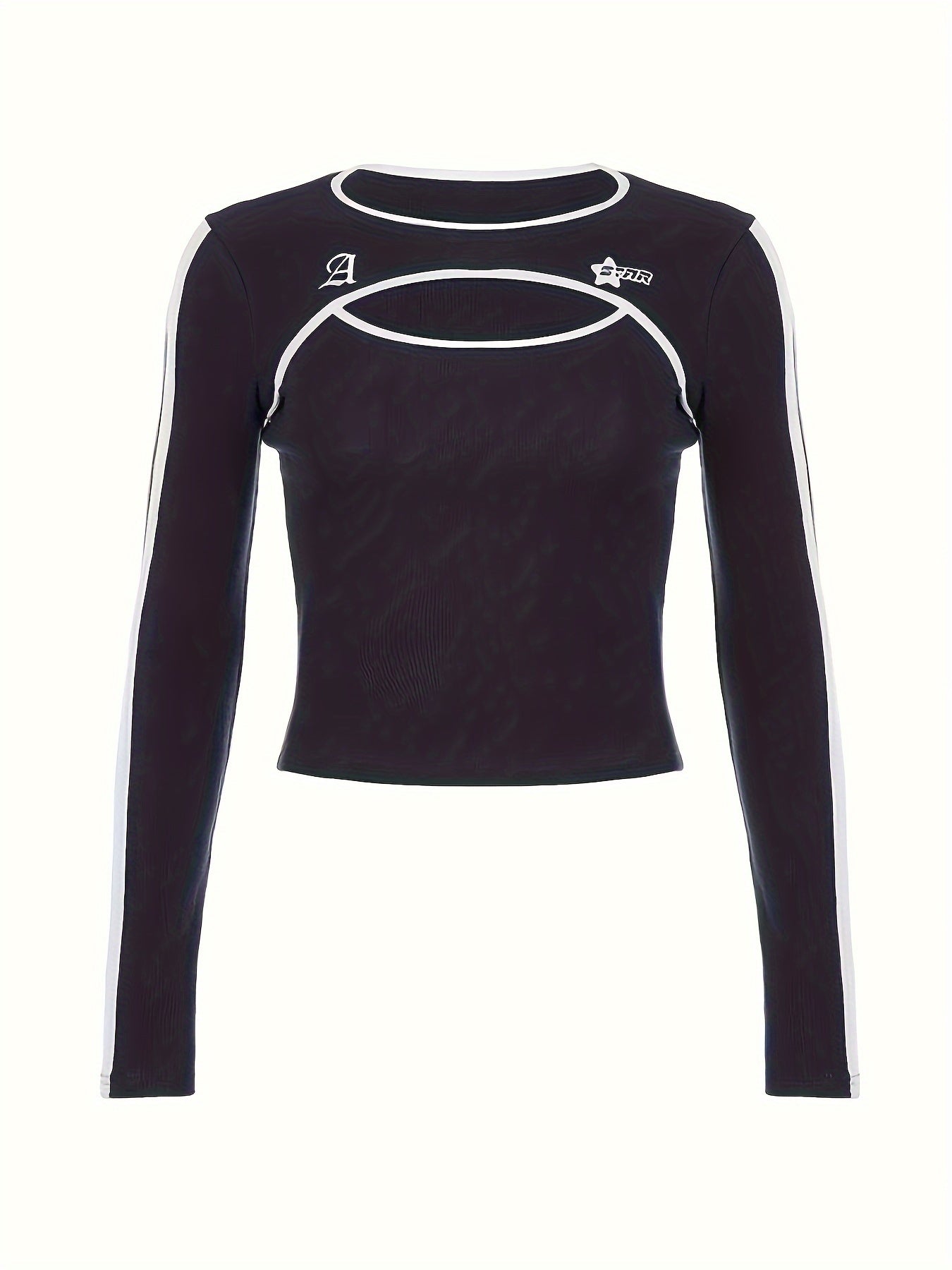 Antmvs Crew Neck Cut Out T-Shirt, Y2K Long Sleeve Embroidered T-Shirt For Every Day, Women's Clothing