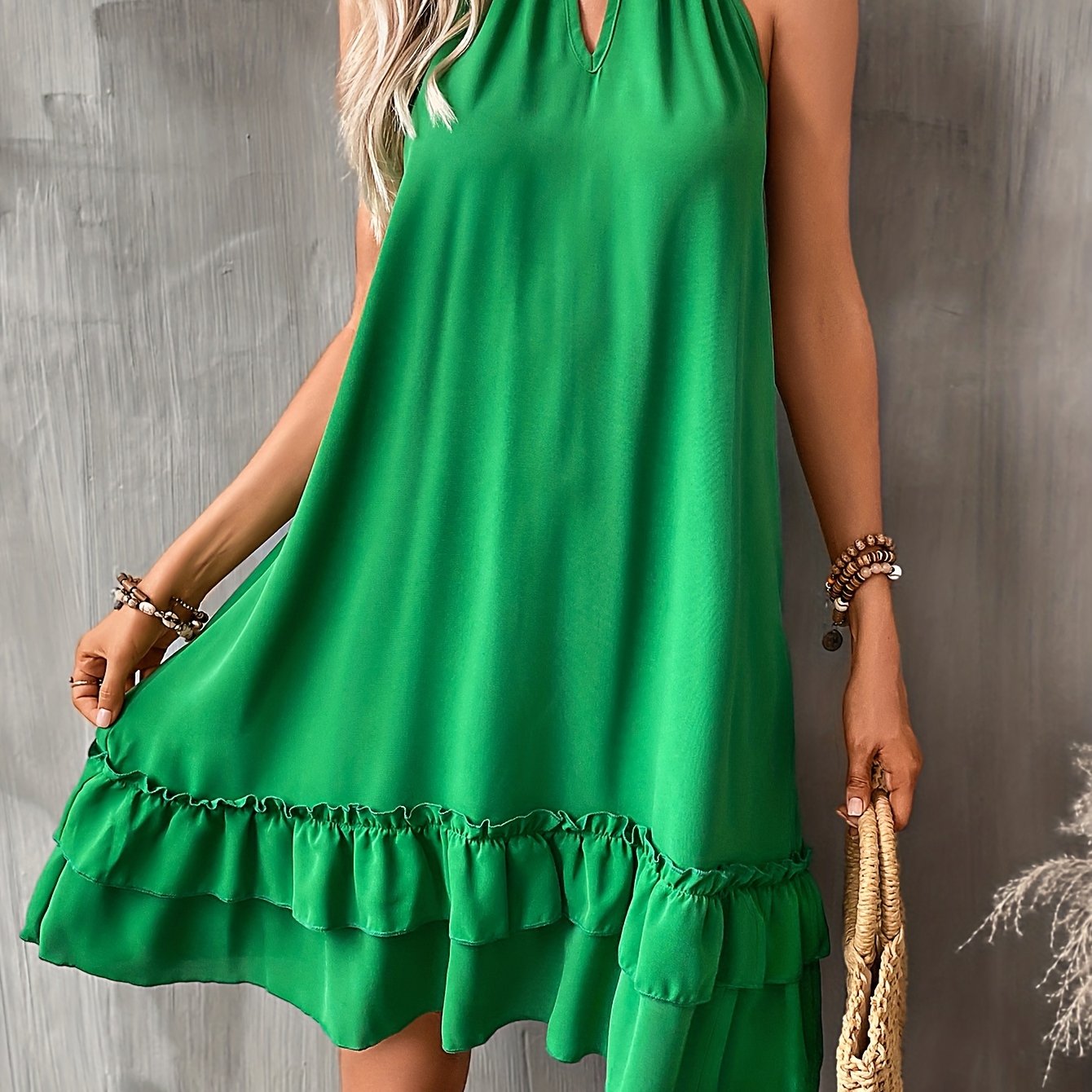 Antmvs Layered Keyhole Dress, Sexy Knotted Ruffle Hem Sleeveless Dress, Women's Clothing
