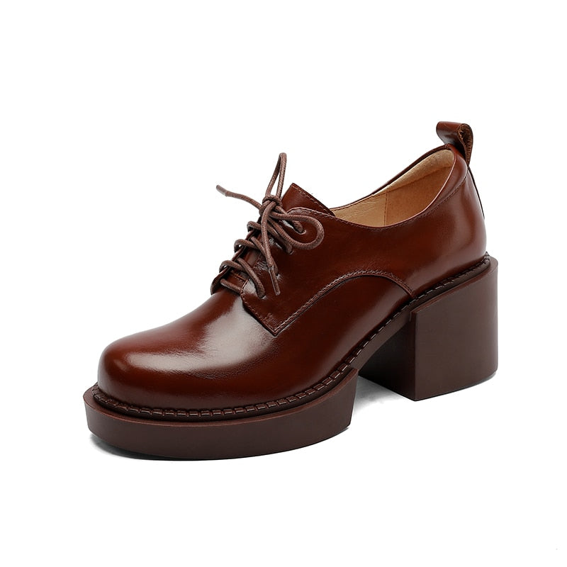 Antmvs Spring New Genuine Leather Platform Shoes Casual Round Toe Shoes Woman Chunky Heel Lace-Up Women Shoes Zapatos De Mujer