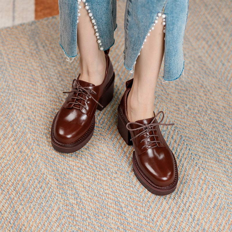 Antmvs Spring New Genuine Leather Platform Shoes Casual Round Toe Shoes Woman Chunky Heel Lace-Up Women Shoes Zapatos De Mujer