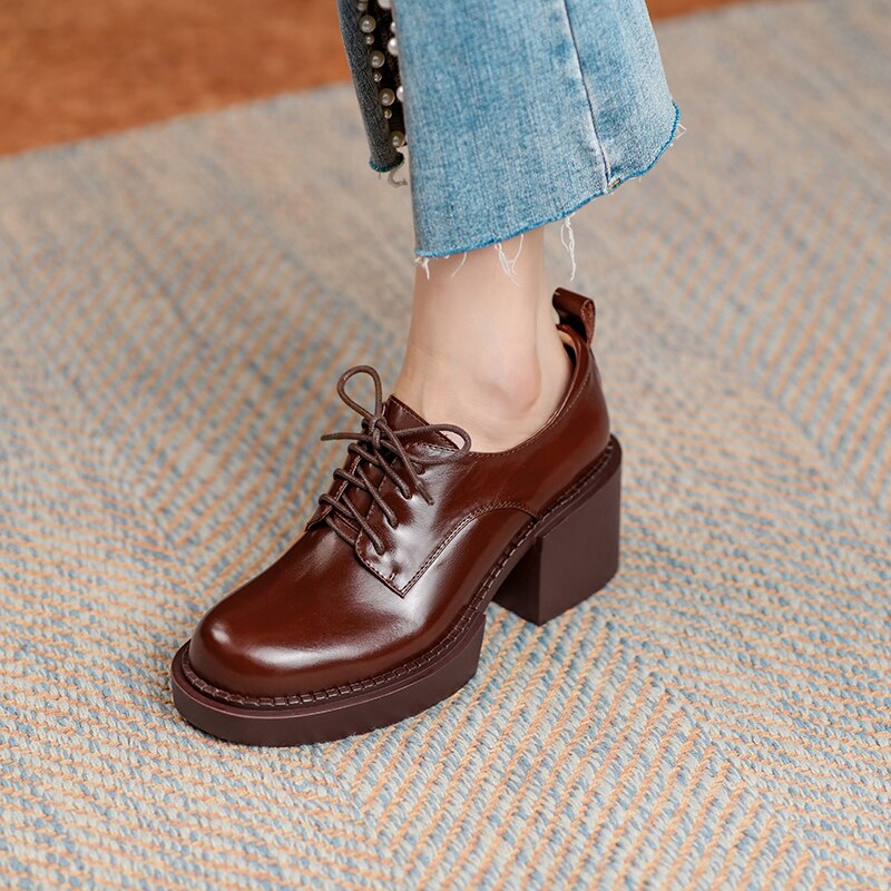 Antmvs Spring New Genuine Leather Platform Shoes Casual Round Toe Shoes Woman Chunky Heel Lace-Up Women Shoes Zapatos De Mujer