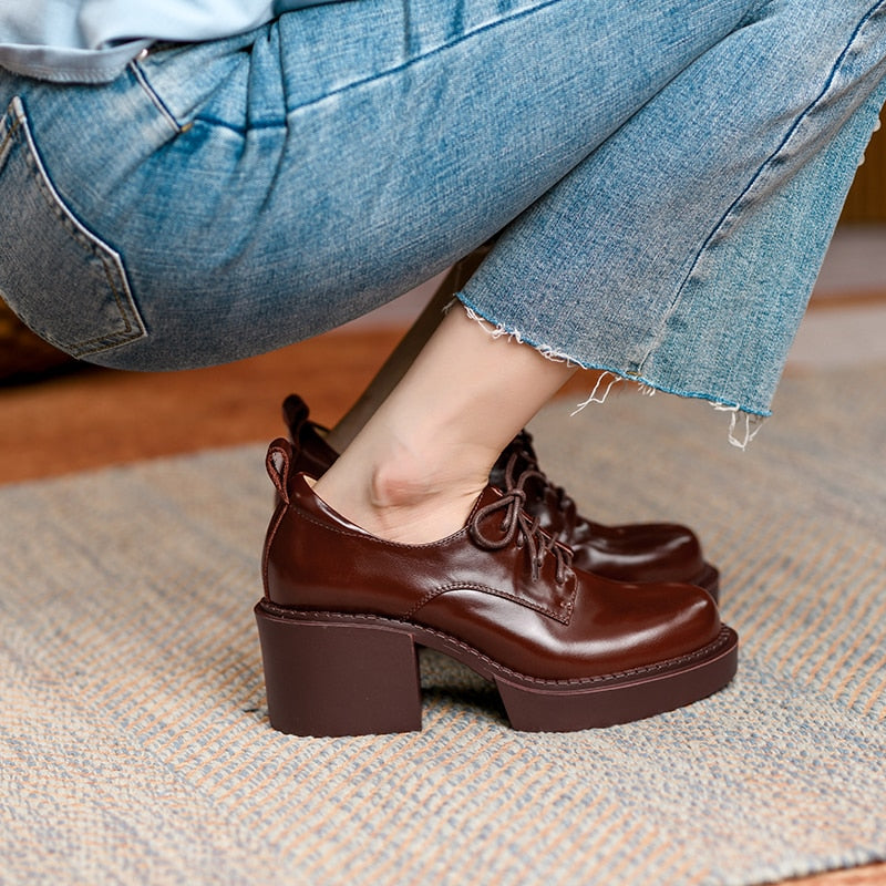 Antmvs Spring New Genuine Leather Platform Shoes Casual Round Toe Shoes Woman Chunky Heel Lace-Up Women Shoes Zapatos De Mujer