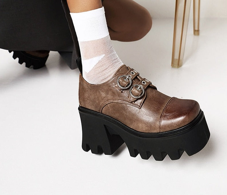 Antmvs INS On Sale Lady Platform Buckle Block Heel Pumps Thick Sole Shoes For Women Vintage Goth Office Shoes