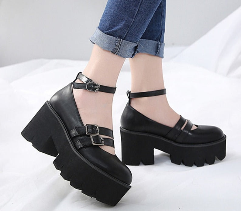 Antmvs Womens Pump Gothic Shoes Ankle Strap High Chunky Heels Platform Punk Creepers Shoes Female Fashion Buckle Comfortable