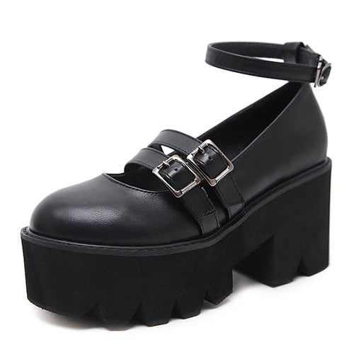 Antmvs Womens Pump Gothic Shoes Ankle Strap High Chunky Heels Platform Punk Creepers Shoes Female Fashion Buckle Comfortable