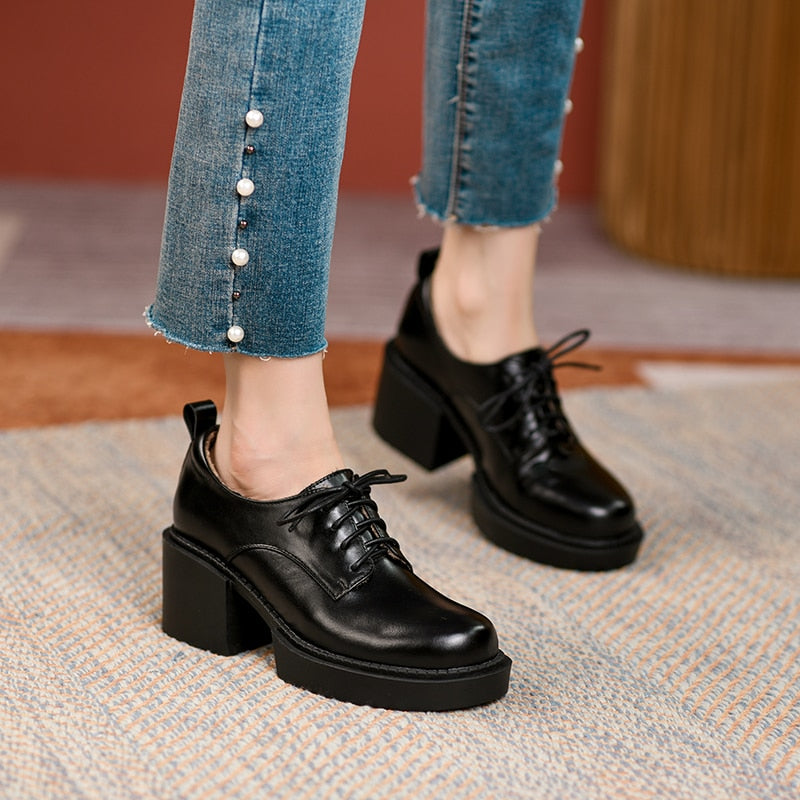 Antmvs Spring New Genuine Leather Platform Shoes Casual Round Toe Shoes Woman Chunky Heel Lace-Up Women Shoes Zapatos De Mujer