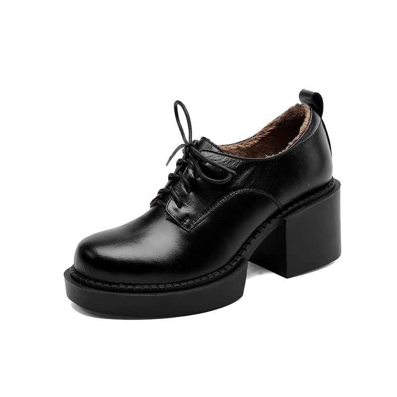 Antmvs Spring New Genuine Leather Platform Shoes Casual Round Toe Shoes Woman Chunky Heel Lace-Up Women Shoes Zapatos De Mujer