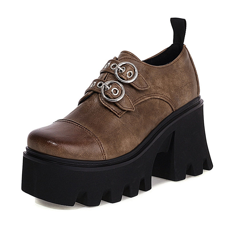 Antmvs INS On Sale Lady Platform Buckle Block Heel Pumps Thick Sole Shoes For Women Vintage Goth Office Shoes