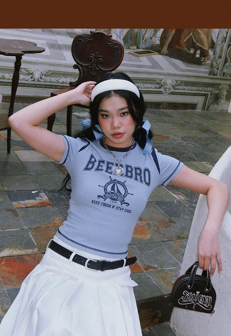 Antmvs BEERBRO Graphic Letter Print Short Sleeve Slim Cropped Top