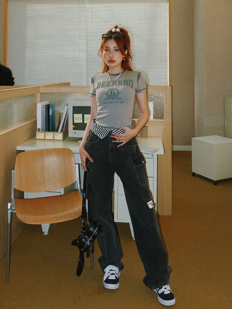 Antmvs BEERBRO Graphic Letter Print Short Sleeve Slim Cropped Top