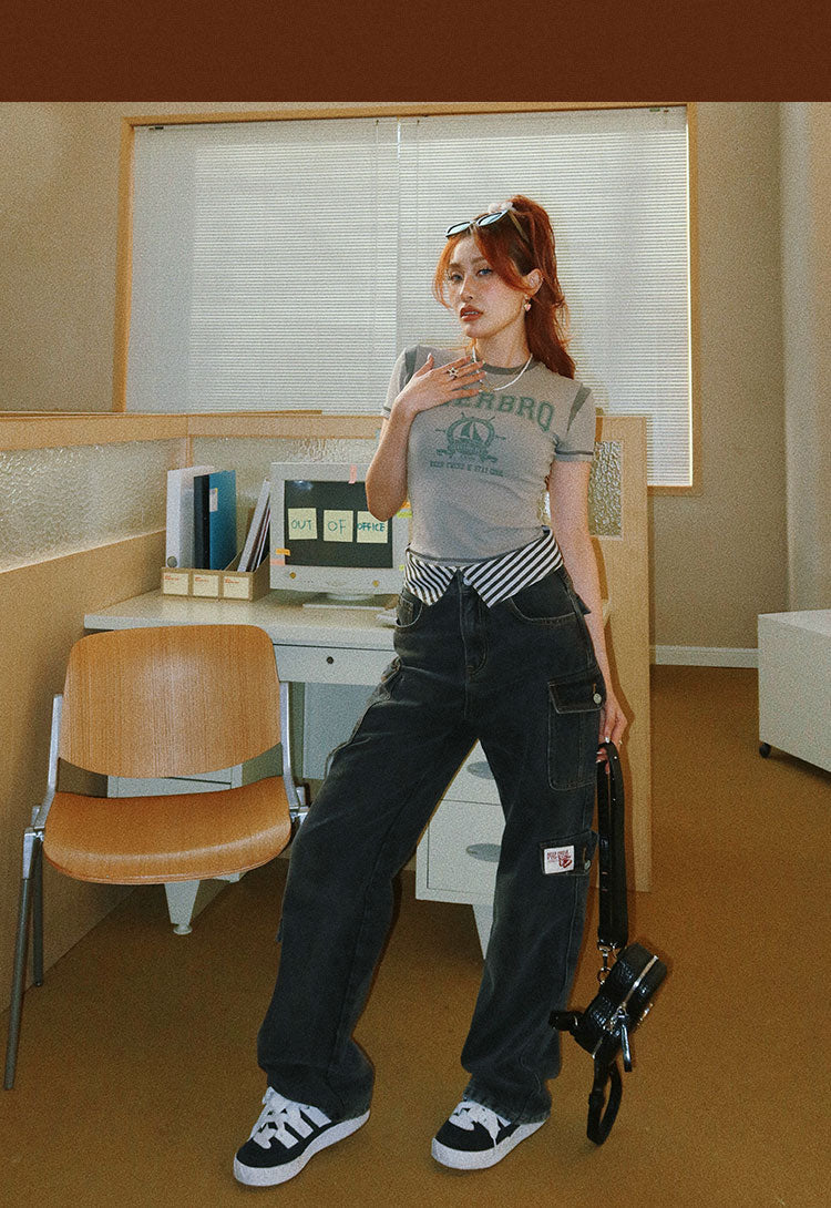 Antmvs BEERBRO Graphic Letter Print Short Sleeve Slim Cropped Top