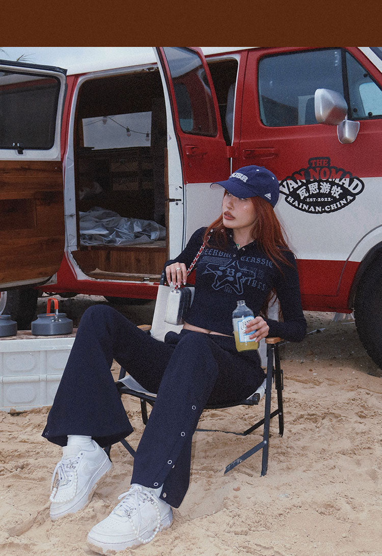 Antmvs BeerBro Navy Blue American Spice Girls Polo Neck Knit Top Button Up Casual Wide Leg Pants Matching Set