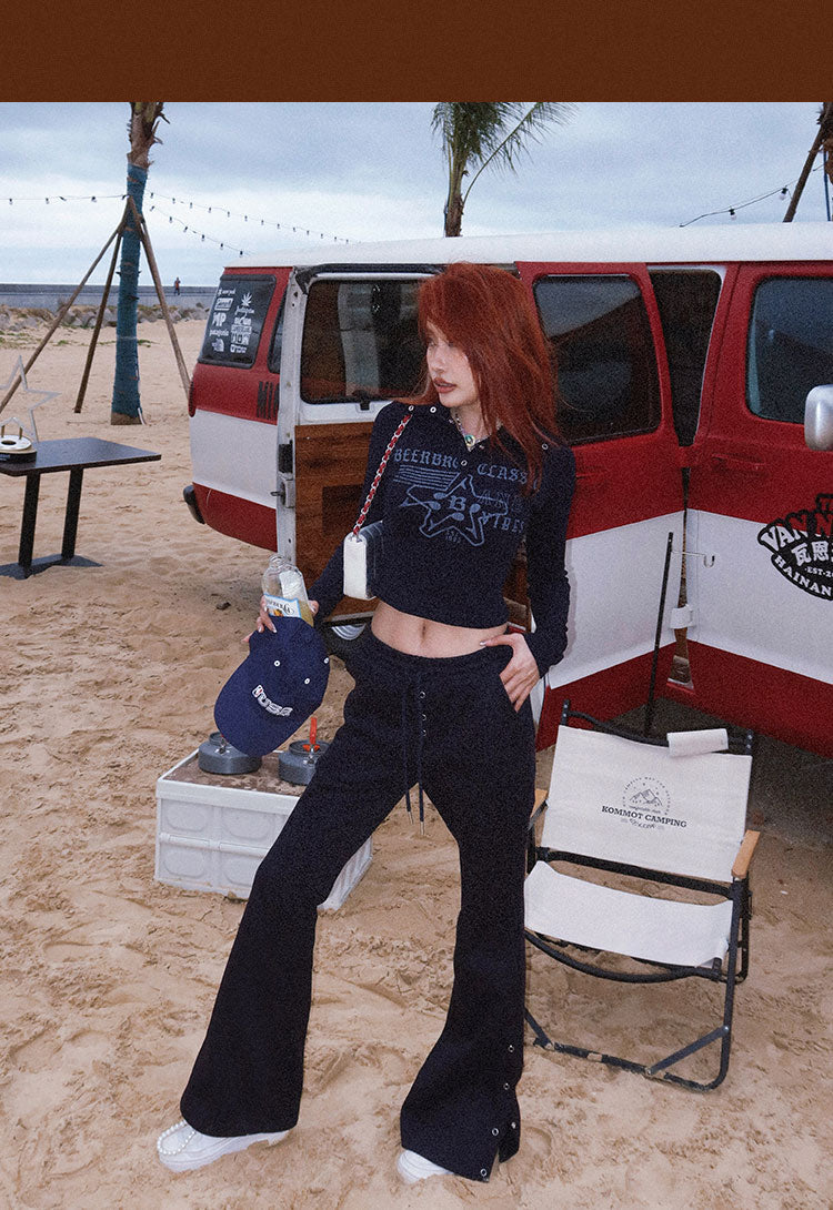 Antmvs BeerBro Navy Blue American Spice Girls Polo Neck Knit Top Button Up Casual Wide Leg Pants Matching Set