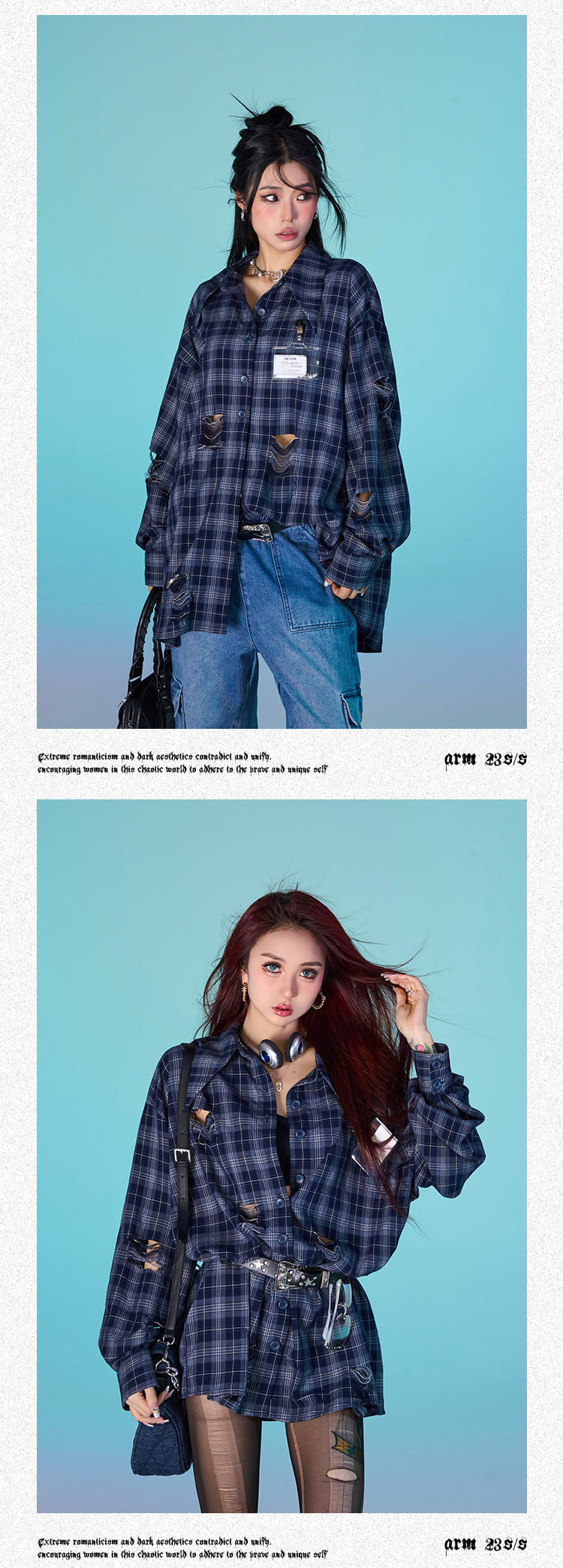 Antmvs Keebly Blue Plaid Long Sleeve Distressed Boyfriend Button Up Shirt Top