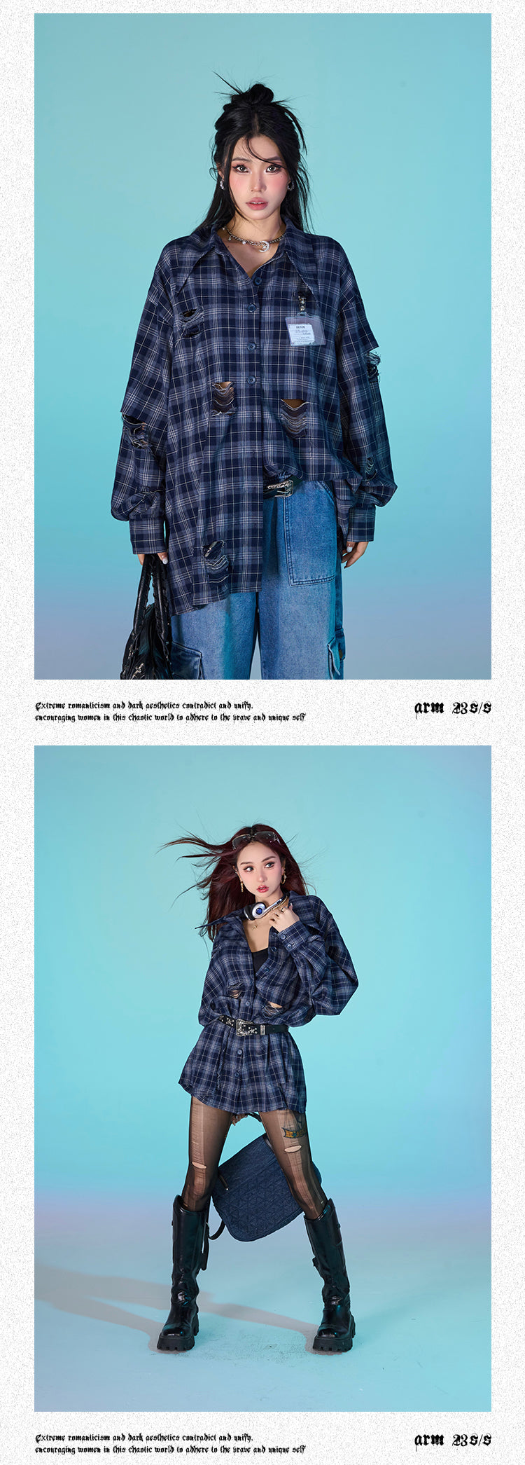 Antmvs Keebly Blue Plaid Long Sleeve Distressed Boyfriend Button Up Shirt Top
