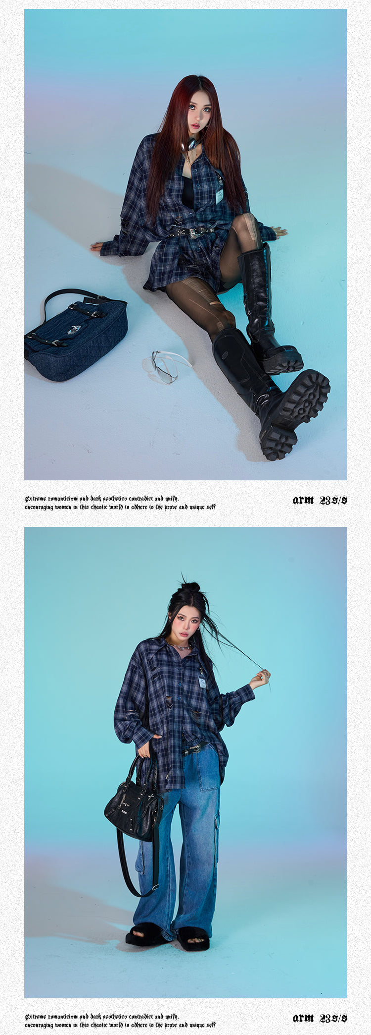 Antmvs Keebly Blue Plaid Long Sleeve Distressed Boyfriend Button Up Shirt Top