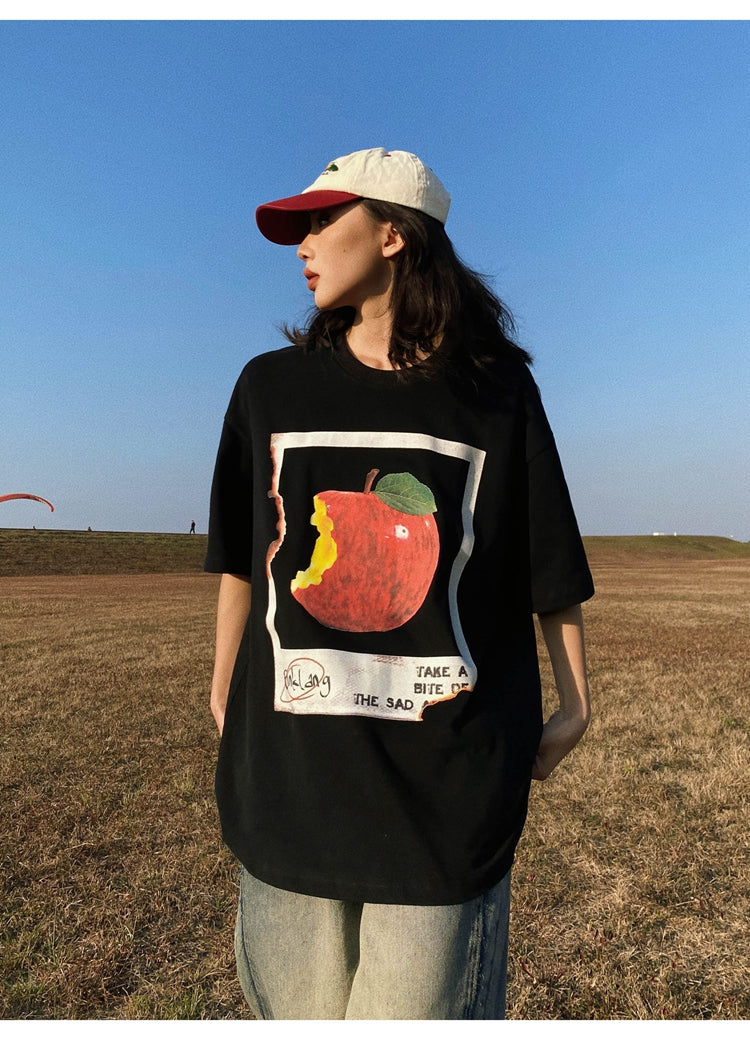 Antmvs Oula Vintage Apple Print Short Sleeve Baggy T-shirt Top