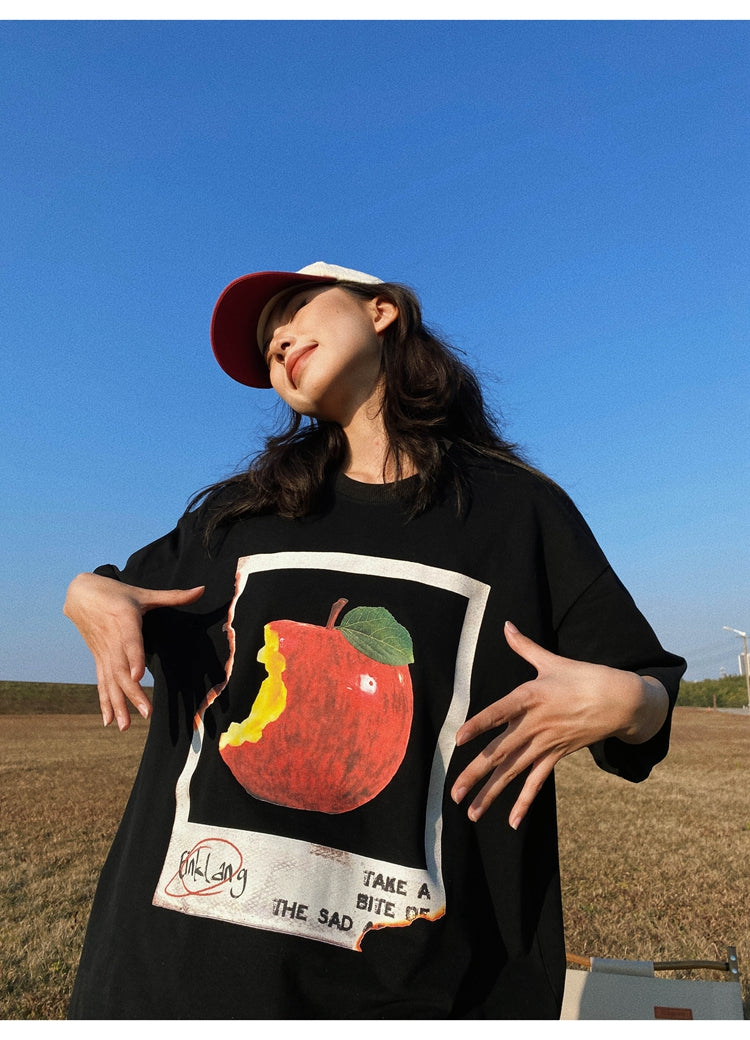 Antmvs Oula Vintage Apple Print Short Sleeve Baggy T-shirt Top