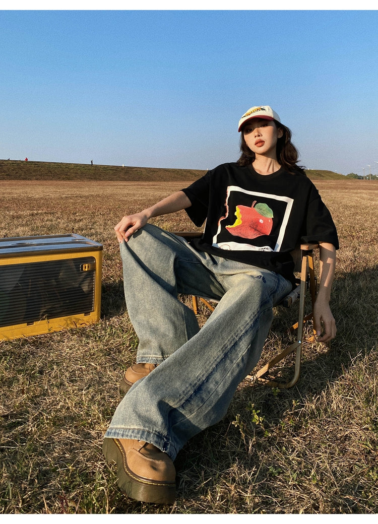 Antmvs Oula Vintage Apple Print Short Sleeve Baggy T-shirt Top